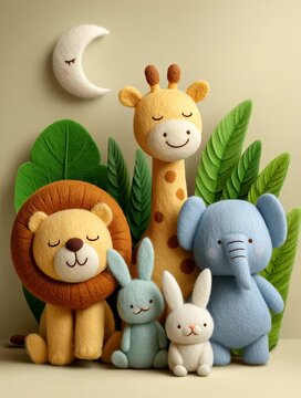Un grupo de adorables animales de peluche posan frente a un fondo de hojas verdes y una luna creciente.