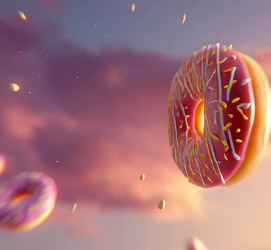Donuts flotando en un cielo crepuscular con un ambiente on&iacute;rico y vibrante.