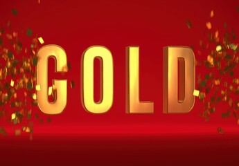 Gold text in 3D style on a red background with reflections and golden particles