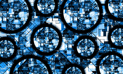 主に青の色でペイントし複雑で幾何学的で抽象的な模様の柄を円で囲ったオブジェクトも配置したテクノロジーやコンピューターのようなデジタルの要素も兼ね備えるデザインの背景、壁紙、テクスチャ等にも使えるグラフィックの素材