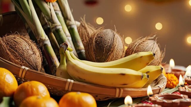 Festive offerings of bananas, coconuts, and sugarcane arranged in a decorative basket for Diwali celebrations. Traditional fruits and coconuts symbolize prosperity during Diwali festivities.