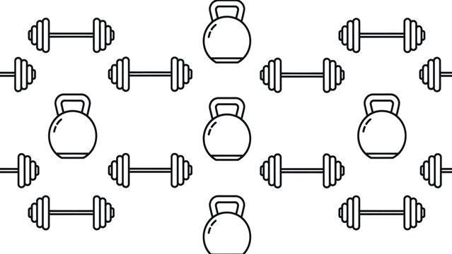 Seamless pattern of outline gym dumbbells and kettlebells for fitness and healthy lifestyle backgrounds training and exercise designs