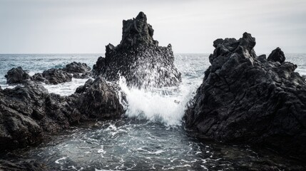sedition. Ocean waves crashing against dark rocks with splashing water droplets in dramatic seascape. travel magazines, destination branding, designed for outdoor magazines and nature guides.

