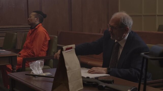 Trial court lawyer with inmate in front of judge