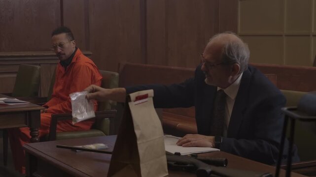 Trial court lawyer with inmate in front of judge