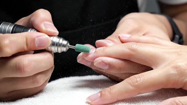 Professional Manicurist Using Electric Nail File For Cuticle Removal.
