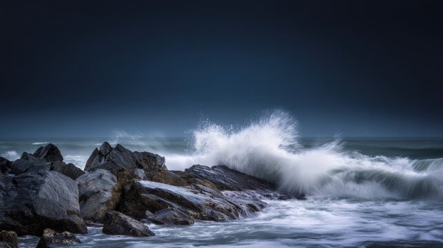 sedition. Ocean waves crashing against dark rocks with splashing water droplets in dramatic seascape. travel magazines, destination branding, designed for outdoor magazines and nature guides.
