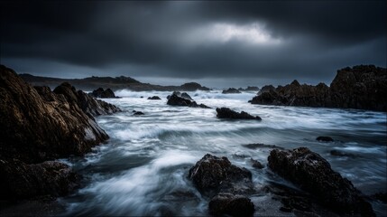 Obraz premium sedition. Ocean waves crashing against dark rocks with splashing water droplets in dramatic seascape. travel magazines, destination branding, designed for outdoor magazines and nature guides. 