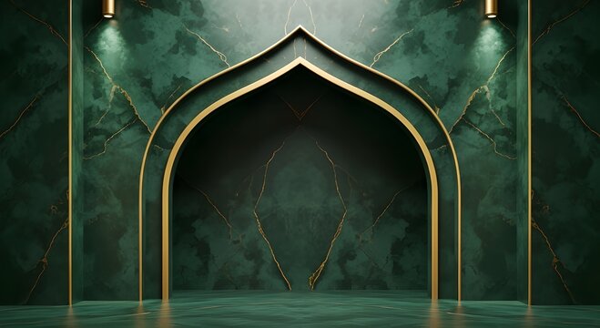 Luxurious deep green marble backdrop with a radiant golden archway, creating an opulent and grand abstract architectural setting for elegant product showcases
