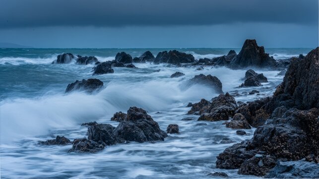 sedition. Ocean waves crashing against dark rocks with splashing water droplets in dramatic seascape. travel magazines, destination branding, designed for outdoor magazines and nature guides.

