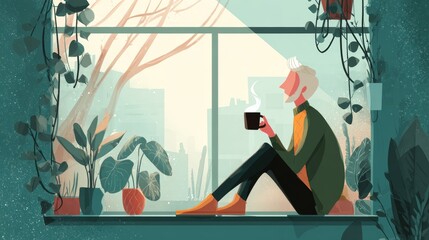 Daily lifestyle concept, person enjoying morning coffee by window 