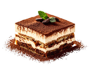 Italian tiramisu cake slice isolated png on transparent background