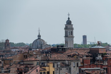 Venice rooftops with domed church and bell tower skyline, Venice Italy