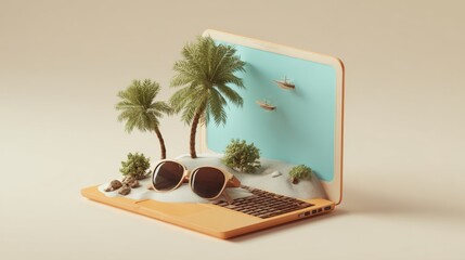 Digital nomad concept, laptop and travel vibe 