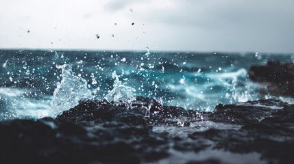 sedition. Ocean waves crashing against dark rocks with splashing water droplets in dramatic seascape. travel magazines, destination branding, designed for outdoor magazines and nature guides.
