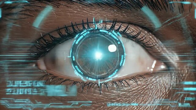 Human eye with futuristic augmented reality display and digital lightning