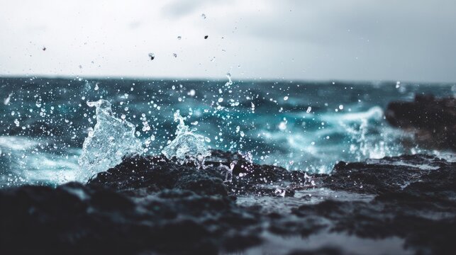 sedition. Ocean waves crashing against dark rocks with splashing water droplets in dramatic seascape. travel magazines, destination branding, designed for outdoor magazines and nature guides.
