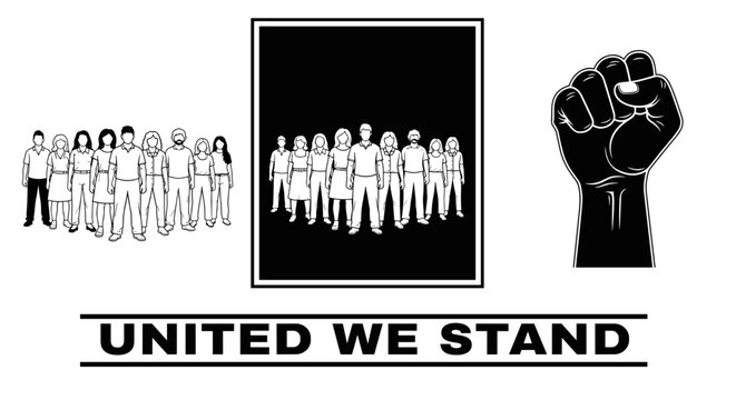 A vector graphic illustration of people united in solidarity with a raised fist