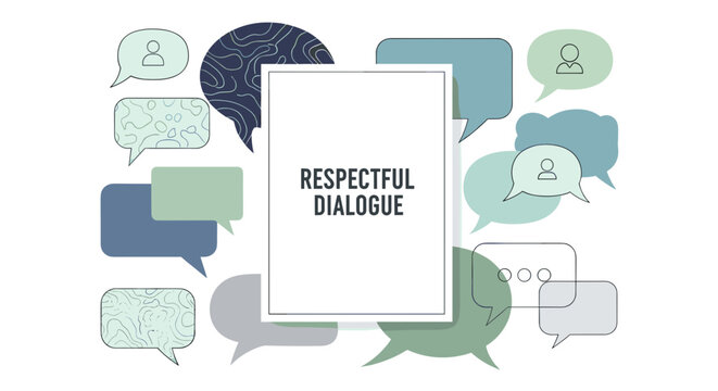 A vector graphic illustration of respectful dialogue with speech bubbles and a central text box