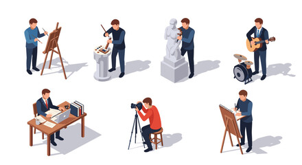A vector graphic illustration of people engaging in various creative activities and professions.