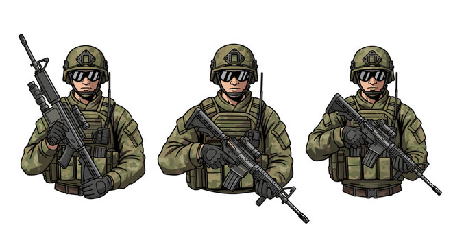 Three soldiers in green uniforms and helmets holding guns in a vector graphic illustration