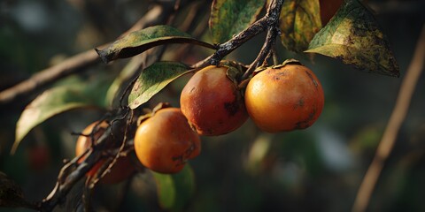 Conceptual close-up of vibrant orange fruits hanging from a tree branch amidst lush green and brown autumn leaves, rendered with artistic detail and soft natural light.