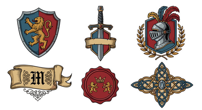 A set of six medieval heraldic icons with shields, swords, and crests in a flat design style