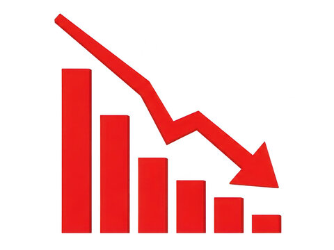 A downward trend graph with a red arrow indicating a significant decline in data isolated on transparent background