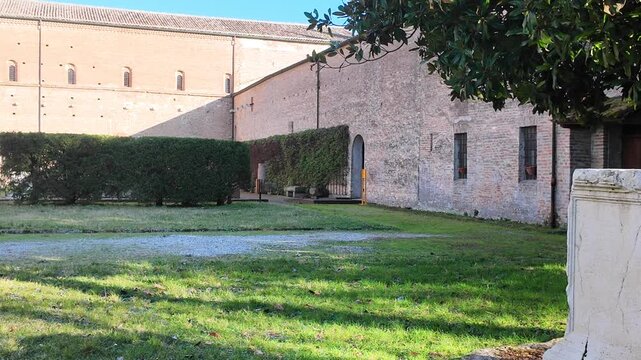 Pomposa Abbey, Po Delta, Codigoro, Ferrara, Italy - February 5, 2026 - Views of the historic Romanesque-Byzantine church