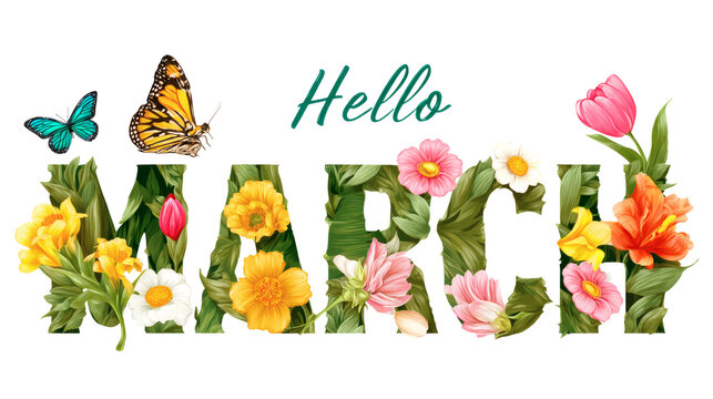 Hello March typography with spring elements isolated on a white background