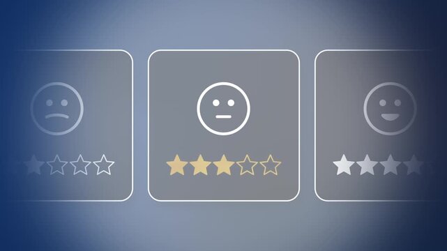 UX design animation, various customer satisfaction levels from sad 1-star to happy 5-star rating, focus on 3-star average review, gold stars illuminating on dark indigo background. Copy space