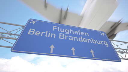 Detailed airport direction sign near Berlin Brandenburg Airport with airliner approaching above motorway, arriving to Berlin, Germany. 3D rendering © Maxim
