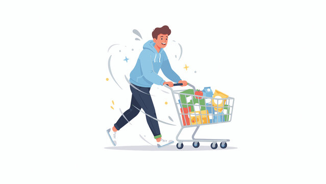 Happy young man in hoodie pushing a full shopping cart with groceries in flat vector style.