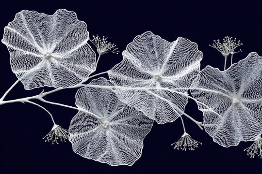 Fragile leaves with detailed veins. Delicate seethrough foliage against dark background