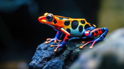 Fototapeta premium A vibrant poison dart frog perched on a rock, showcasing its vivid colors AI Generative