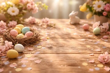 Pastel Easter Eggs and Spring Flowers on a Rustic Wooden Table