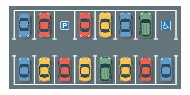 Top view of city car parking lot with colorful vehicles and handicapped space