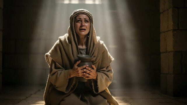 Biblical woman kneeling in sackcloth and crying on a stone floor. Middle-aged Hebrew female mourning and repenting in a dramatic beam of light. Religious concept of penance
