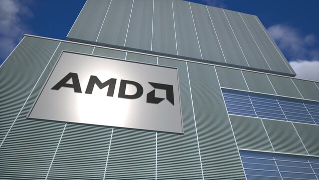 AMD semiconductor facility sign, illustrative editorial 3d rendering