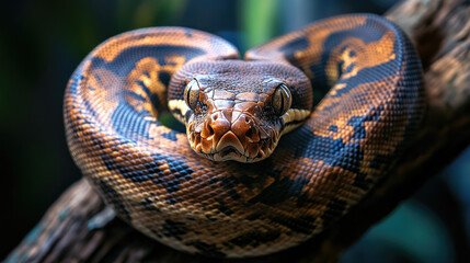 Fototapeta premium A captivating close-up of a snake coiled on a branch, showcasing intricate patterns and textures AI Generative