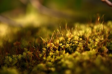 Close-up view of moss. This macro shot highlights the intricate details and vibrant color of the natural world