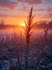 Fototapeta premium Sun-Kissed Reeds in a Misty Winter Landscape