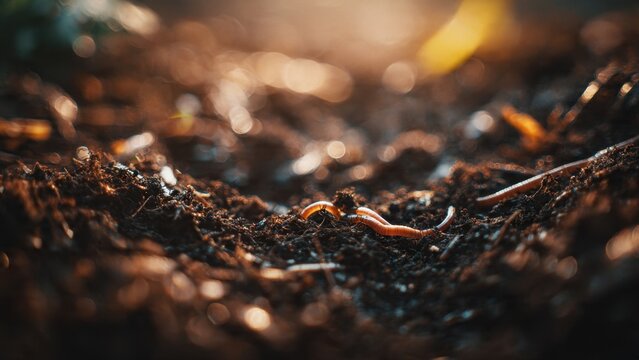 Earthworms in garden soil close up