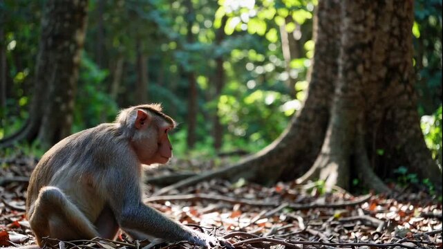 A curious monkey sits on the forest floor in a serene natural setting, captured in a video.