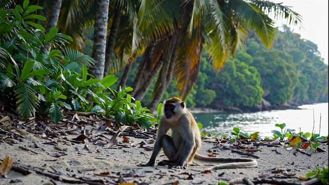 A video shows a monkey sitting on a sandy beach surrounded by palm trees and lush greenery near a serene body of water.