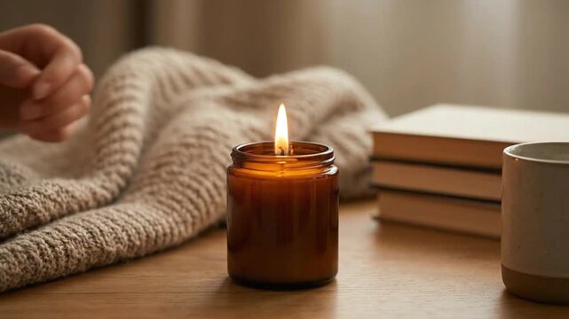 Lighting an Amber Jar Candle for Relaxation