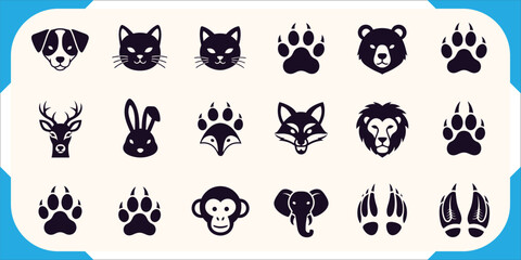 Fototapeta premium Diverse Animal Icons and Paw Prints Silhouette Vector Set Featuring Domestic, Wild, and Exotic Wildlife