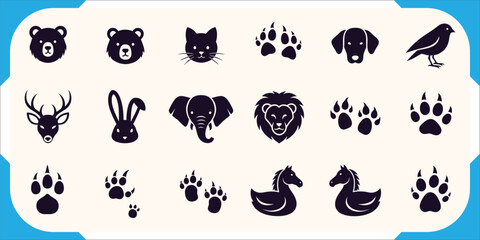 Safari and Domestic Animal Icons Collection - Bear, Cat, Dog, Bird, Deer, Rabbit, Elephant, Lion, Horse & Paw Prints Silhouettes for Zoo, Pet and Nature Themed Designs