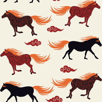 Seamless pattern Fire Horses and clouds on beige background, vector eps 10