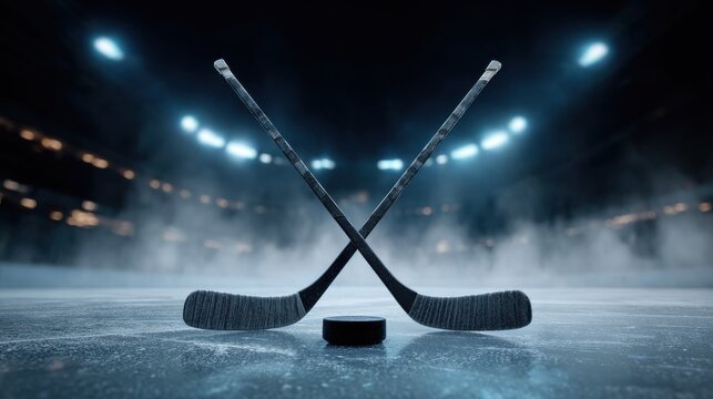 Two crossed ice hockey sticks placed over a black puck on a frosty hockey rink surface, illuminated by cool blue arena lights in an empty stadium at night.